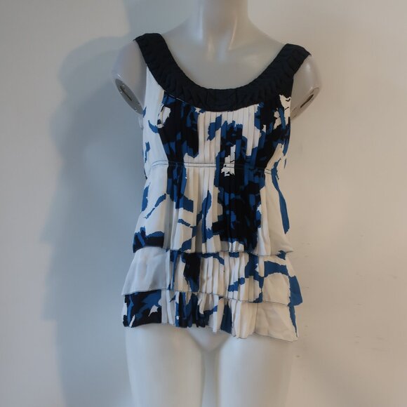 Womens Tory Burch 100% Silk Blue, Black, White Design Pleat Front Tank Blouse 4 - Picture 1 of 7